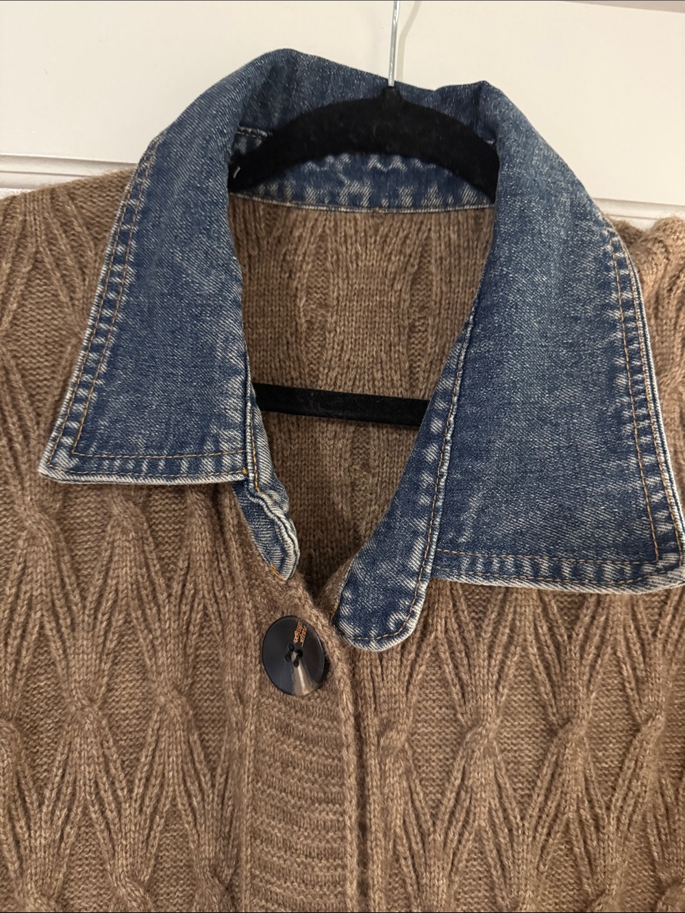 Button-Front Long Knit Cardigan with Denim Collar - Brown - Picture 2 of 6